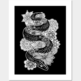 Snake with Flowers Black and White Drawing Posters and Art